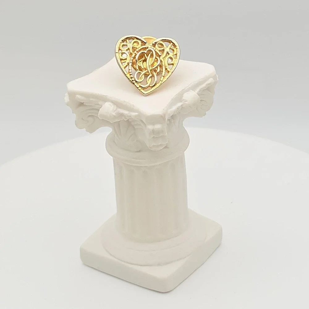 Vtg Monogram Heart Pin Brooch Initial L Or R Filigree Gold Plate .75